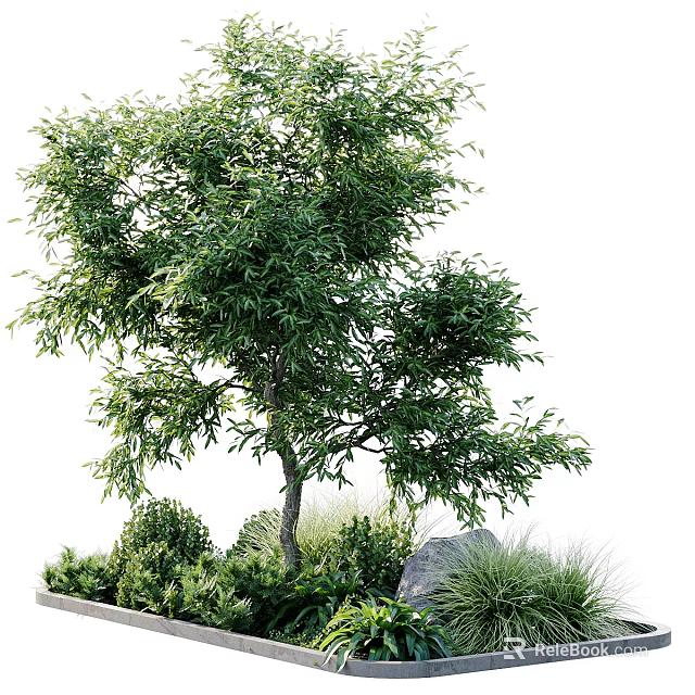 Lush Green Shrub With Dense Foliage Surrounding Plants And Garden Stone 3d model 