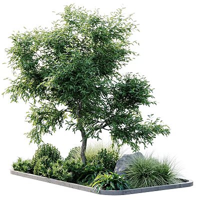 Lush Green Shrub With Dense Foliage Surrounding Plants And Garden Stone 3d model