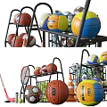 Various Sports Equipment Including Balls Rackets Cones And Storage Racks For Training