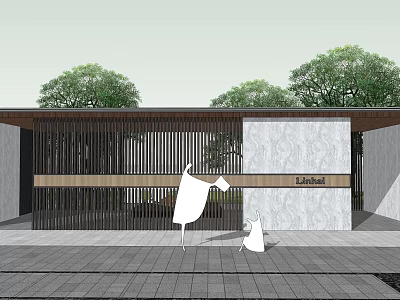Modern Outdoor Pergola With Wooden Lattice Stone Wall Roof Overhang And Trees 3d model