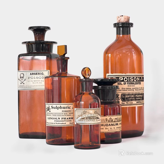Antique Brown Ceramic Vessels With Poison Arsenic Labels And Classic Design 3d model 