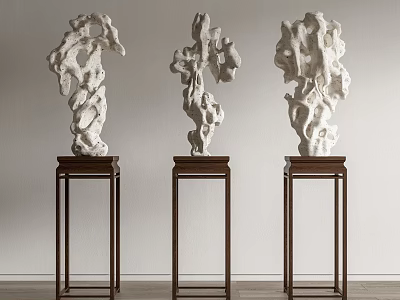 Three White Stone Sculptures On Dark Wooden Stands For Interior Display Decoration 3d model