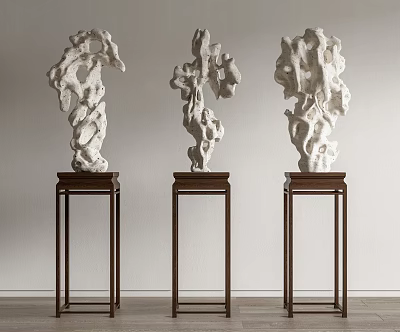 Three White Stone Sculptures On Dark Wooden Stands For Interior Display Decoration 3d model