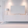 Elegant White TV Stand with Drawers Lamp Green Plant and Dark Wall Gold Trim