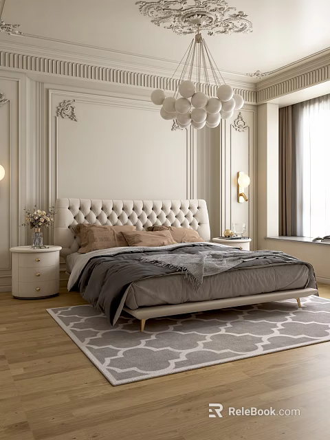 Elegant Bedroom Interior With Tufted Headboard White Molded Walls And Spherical Pendant Light 3d model 