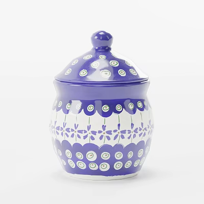 White And Blue Ceramic Jar With Lid And Decorative Floral And Circular Patterns 3d model