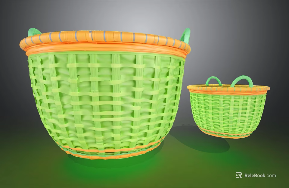 Green Woven Storage Baskets with Orange Rim and Handles for Home Organizing 3d model 