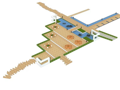 Municipal Road Landscape Design With Paved Paths Water Features And Seating Areas 3d model