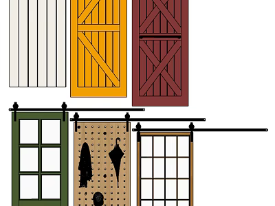 Stylish Barn Door Designs In Multiple Colors With Grid And Hook For Home Decor 3d model