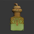 Green Square Shaped Ornamental Jar With Golden Patterns And Animal Figurine Lid