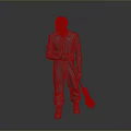 Detailed 3D Human Figure Model Standing Holding Broom In Hand Pose