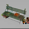 Green Wooden Garden Bench with Plant Pots Gardening Tools and Fresh Vegetables