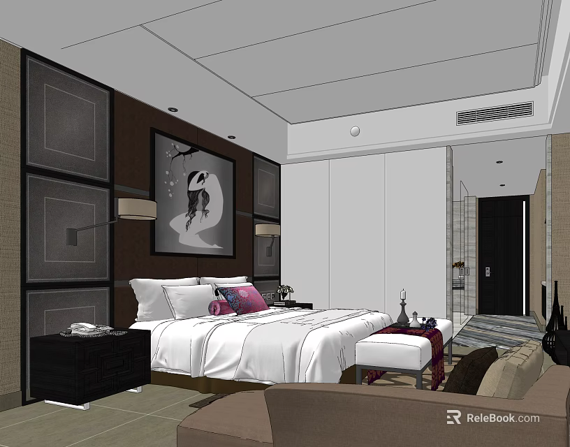 Modern Hotel Guest Room Interior With Comfortable Bed White Linens Decorative Painting And Sofa 3d model 