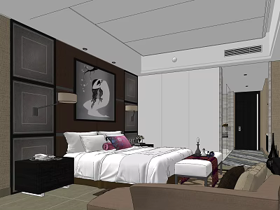 Modern Hotel Guest Room Interior With Comfortable Bed White Linens Decorative Painting And Sofa 3d model