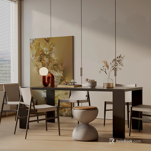 Modern Dining Table Set With Sleek Chairs Abstract Painting Decorative Plants And Table Lamp 3d model 