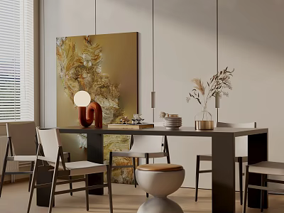 Modern Dining Table Set With Sleek Chairs Abstract Painting Decorative Plants And Table Lamp 3d model