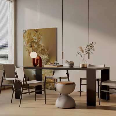 Modern Dining Table Set With Sleek Chairs Abstract Painting Decorative Plants And Table Lamp 3d model