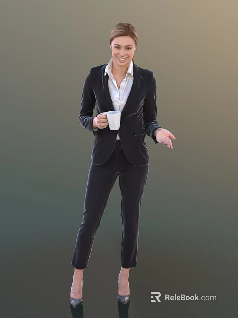 Business Woman In Black Suit Holding White Cup Gesturing With Extended Hand 3d model 
