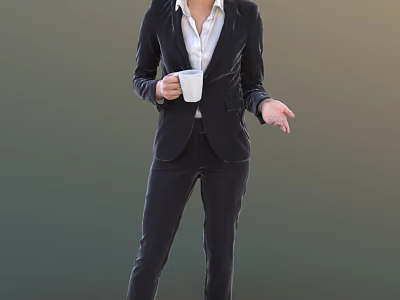 Business Woman In Black Suit Holding White Cup Gesturing With Extended Hand 3d model