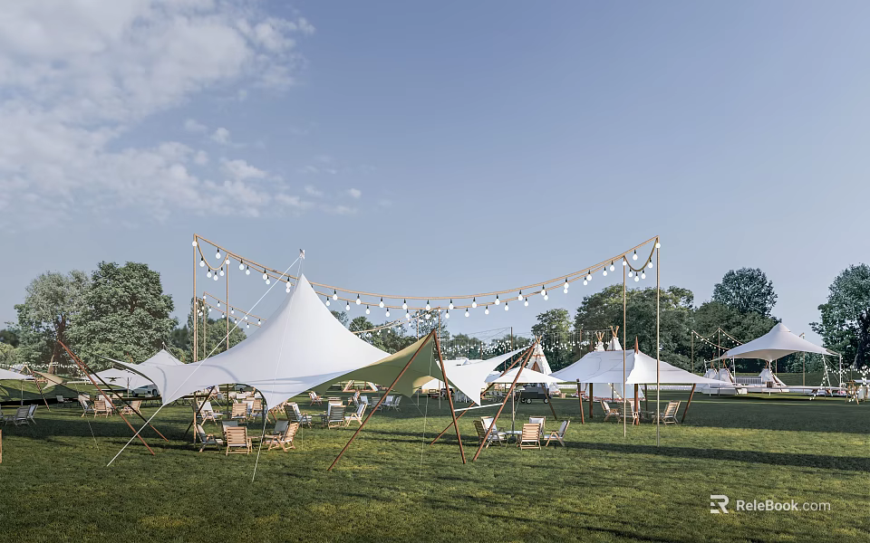 White Tents On Green Outdoor Lawn With String Lights And Surrounding Trees 3d model 