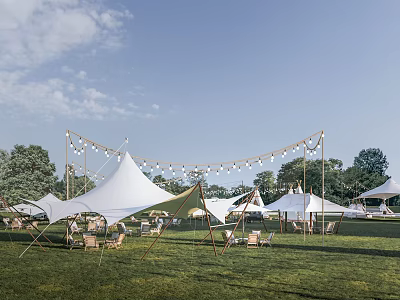White Tents On Green Outdoor Lawn With String Lights And Surrounding Trees 3d model