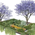 Beautiful Garden Landscape With Purple Flowering Trees Green Plants Lush Grass And Natural Design