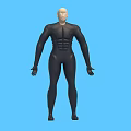 3D Render of Man in Black Tight Suit with Muscular Physique on Blue Background
