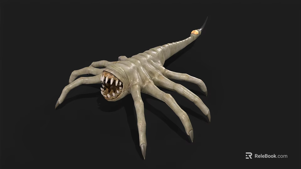 Gray Multi Legged Monster With Sharp Teeth And Yellow Tail Tip 3d model