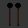 Two Black Spherical Top Red Pole Objects with Reflective Surface on Dark Background