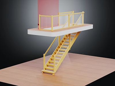 Yellow Staircase With Balustrade Leading To Elevated Wooden Platform On Wooden Floor And Pink Wall 3d model
