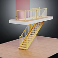 Yellow Staircase With Balustrade Leading To Elevated Wooden Platform On Wooden Floor And Pink Wall