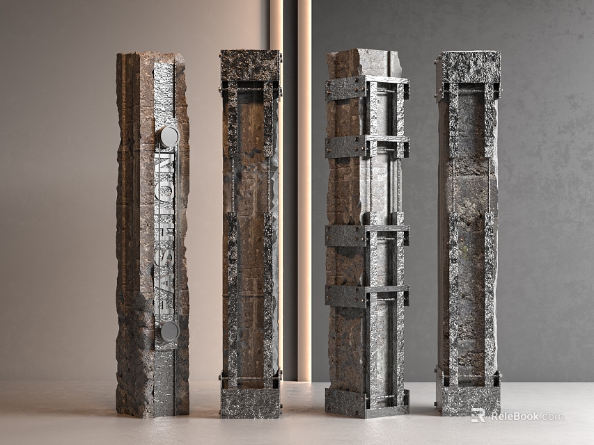 Variously Designed Columns With Metal And Wood Textured Surfaces In Indoor Setting 3d model 