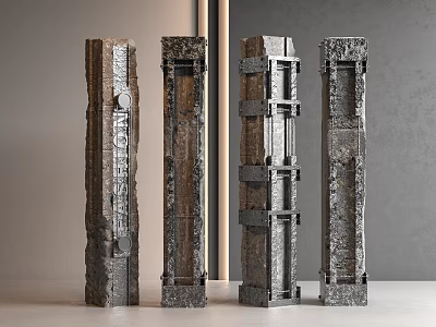 Variously Designed Columns With Metal And Wood Textured Surfaces In Indoor Setting 3d model