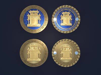 Ornamental Decoration Set With Circular Golden Architectural Design And Blue Background Decorative Edges 3d model