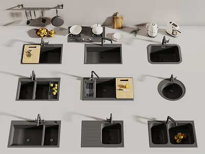 Modern Black Kitchen Sinks with Various Designs Faucets Cutting Boards and Fruits 3d model