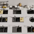 Modern Black Kitchen Sinks with Various Designs Faucets Cutting Boards and Fruits