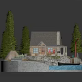 Cartoon Scene With Cozy Small House Lush Green Trees Blue Stream Boat Grass And Rocks