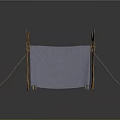 Traditional Wooden Frame Tent With Blue Canvas Cover And Support Ropes