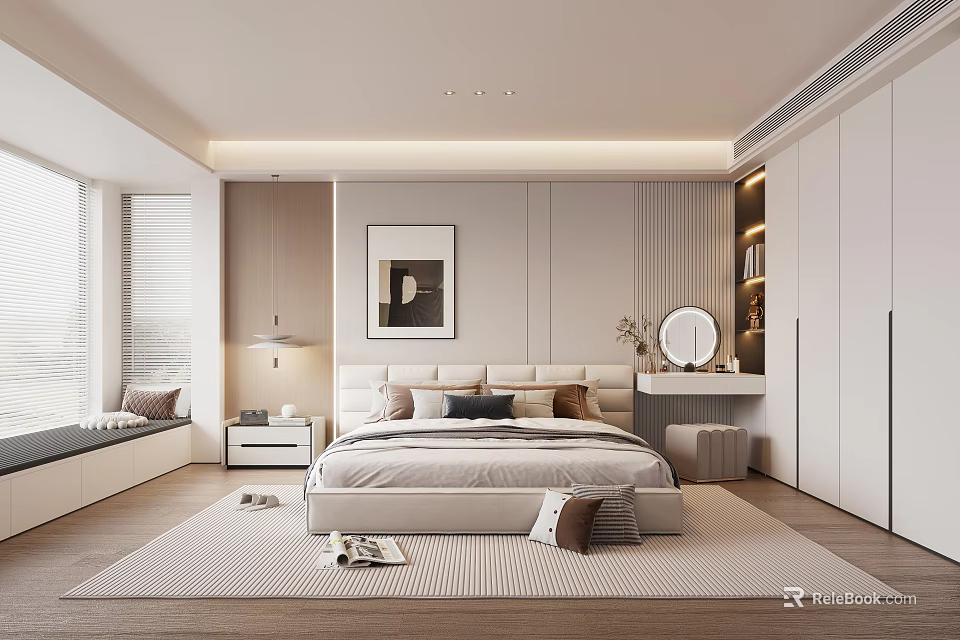 Modern Minimalist Bedroom Interior Design With King Bed Dresser And Built in Wardrobe 3d model 