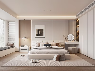 Modern Minimalist Bedroom Interior Design With King Bed Dresser And Built in Wardrobe 3d model