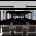 Conference Room Interior With Rows Of Red Seats Windows And Ceiling Lighting