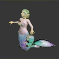 Mermaid Character With Green Hair Shell Bra And Gradient Purple Blue Tail Posing
