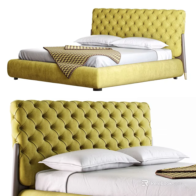 Elegant Green Double Bed With Velvet Tufted Headboard And White Pillows Plaid Blanket 3d model 