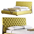 Elegant Green Double Bed With Velvet Tufted Headboard And White Pillows Plaid Blanket
