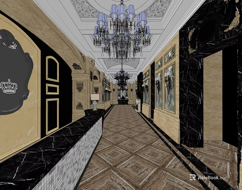 Luxurious Elevator Hallway with Chandeliers Decorative Walls Marble And Patterned Flooring 3d model 