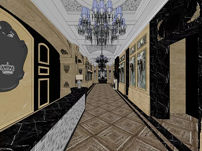 Luxurious Elevator Hallway with Chandeliers Decorative Walls Marble And Patterned Flooring 3d model