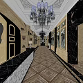Luxurious Elevator Hallway with Chandeliers Decorative Walls Marble And Patterned Flooring
