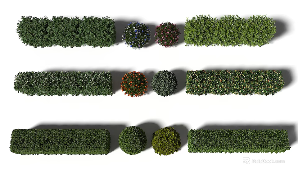 Various Shaped Bushes For Garden Landscaping With Green Foliage And Colorful Blooms 3d model 