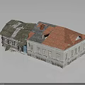 Traditional Old Building With Weathered White Walls Damaged Green And Red Roofs