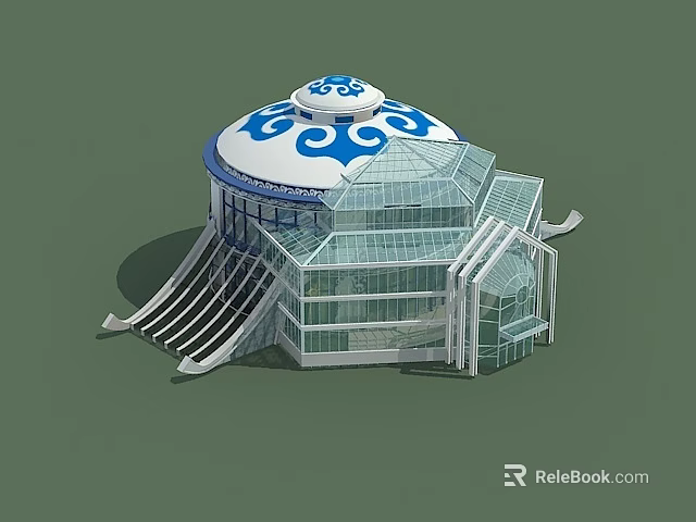 Modern Architectural Design Featuring Blue And White Patterned Dome Glass Structure And Steps 3d model 